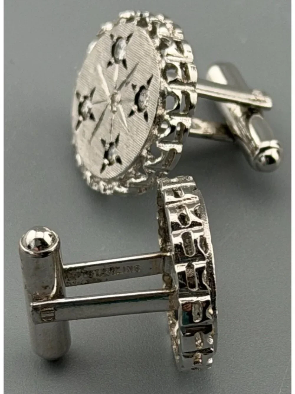 Vintage Cufflinks Sterling Silver Starburst Tie Tack & Links Set Diamond Accents